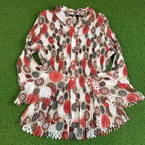 Vintage 90s Y2K Essentials Euro Funky All Over Print Bell Sleeve Blouse Sz XL